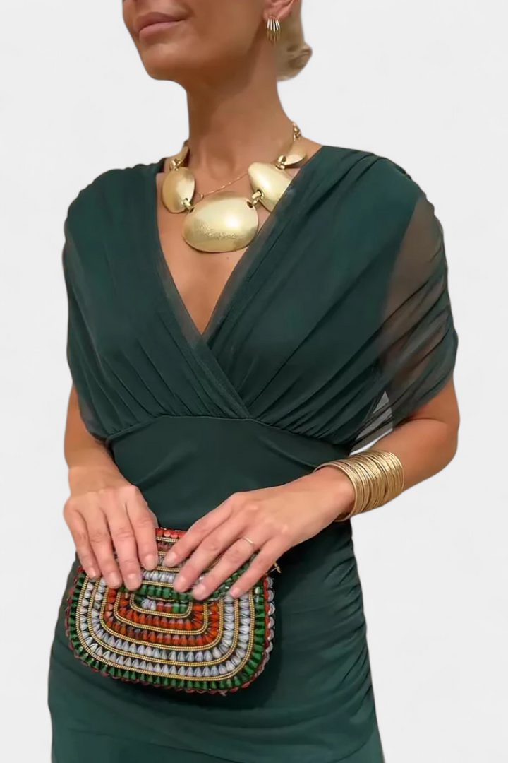 Iselina | Vestido largo fruncido para mujer con cuello en V elegante | Fluido