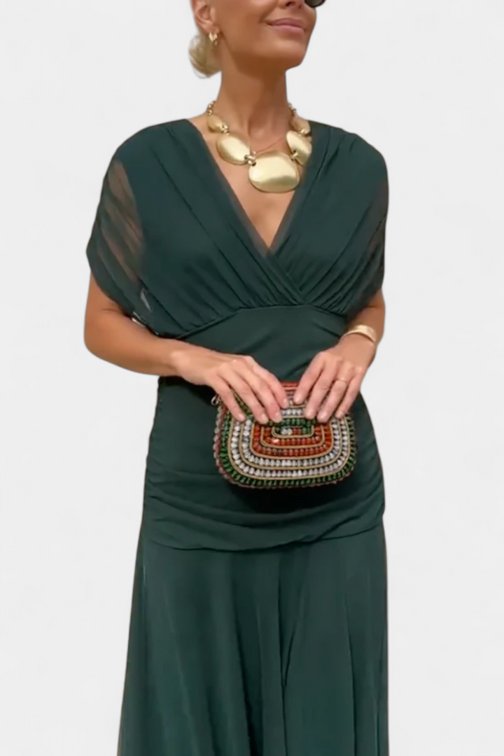 Iselina | Vestido largo fruncido para mujer con cuello en V elegante | Fluido